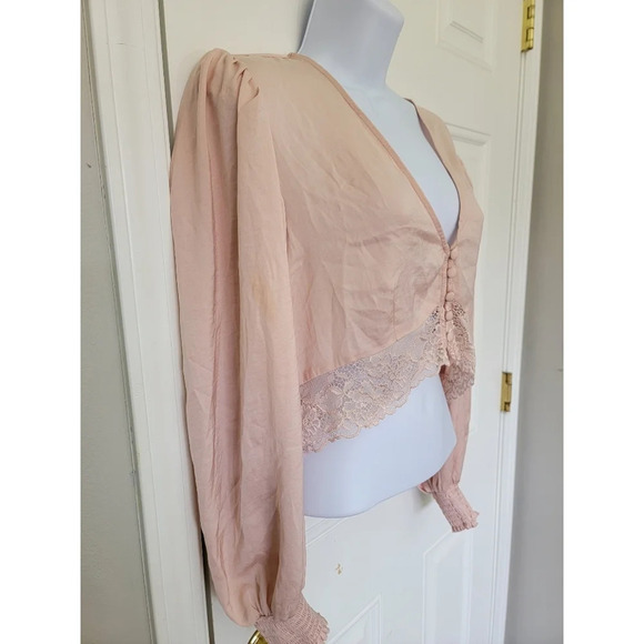 Open Edit Blush Pink Long Sleeve Satin Crop Top Ruched Buttons Victorian Size M - Picture 3 of 10